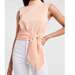 Cropped Tie Front Padded Shoulder Mock Neck Tank